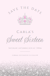 LightPinkSilverSavetheDate4x6: Pink and Silver Princess Theme Sweet Sixteen Quinceanera Save the Date Printable Card for a Magical Celebration Corjl Template