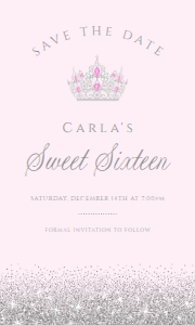 LightPinkSilverSavetheDate3c5: Pink and Silver Princess Theme Sweet Sixteen Quinceanera Save the Date Printable Card for a Magical Celebration Corjl Template