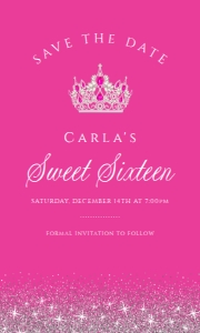 Hot Pink and Silver Glitter Princess Sweet 16 Printable Save the Date Card Add Glam to Your Celebration Event Template Corjl Template design preview