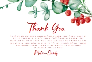 Holiday Thank You Card, Rustic Holly Berry Thank You Note, Printable Thank You Card, Custom Thank You Card, Corjl Template, Instant Download design preview