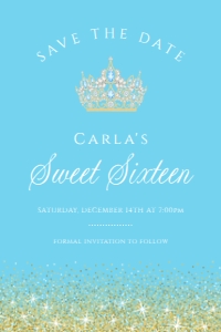 LightBlueGoldGlitterSavetheDate: Blue and Gold Glitter Glam Invitation Set, Printable Sweet 16 Invitation Kit, Light blue Invitation Bundle, Editable Corjl Template Invite