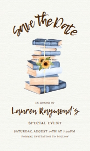 BookclubSavetheDate5x3: Sunflower and Blue Book Themed Printable Save the Date Card for Book Club Editable Save the Date Rustic Country Sunflower Corjl Template