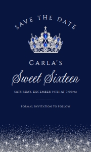 Navy Blue Glitter Glam Princess Sweet 16 Save The Date Card Printable and Sparkling Event Template Corjl Template Sweet Sixteen Party design preview