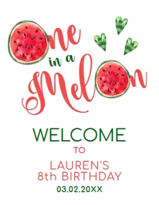 WatermelonWelcomeFour8x11: One in a Melon Welcome Sign, Sweet Celebration Welcome Signs, Printable Party Sign, Instant Download, Corjl Template Fruit Themed Party sign