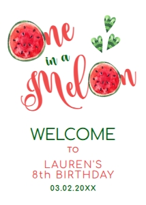 WatermelonWelcomeFour5x7: One in a Melon Welcome Sign, Sweet Celebration Welcome Signs, Printable Party Sign, Instant Download, Corjl Template Fruit Themed Party sign