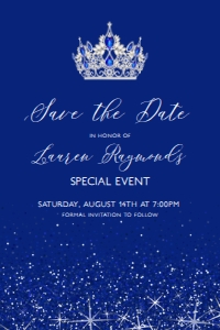 Royal Blue Glitter Princess Crown Sweet 16 Invitation Kit w/ Save the Date, Favors Tags, Party Signs, Thank You Card, Water Bottle Labels design preview