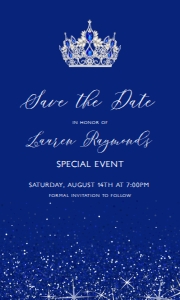 RoyalBlueGlitterSavethe5x3: Editable Royal Blue Glitter Princess Sweet 16 Save the Date Card - Event Template, Sweet Sixteen Save the Date, Corjl Template