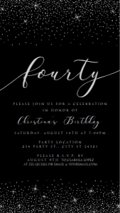 Editable Black and Silver Glitter Glam 40th Birthday Evite Text Invitation Electronic Invite Smartphone Invitation Corjl Template SMS invite design preview