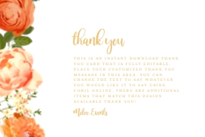 OrangeFloralThankYoucard: Orange and White Floral Garden Bridal Shower Printable Editable Custom Thank You Card Customizable Thank You Note Edit with Corjl Online