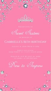 Sweet 16 Digital Evite Invitation, Pink Diamond Princess Crown, Editable Corjl Template, Birthday Party, Customizable, Instant Download design preview