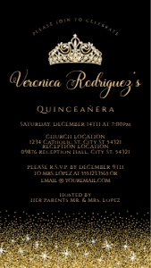 Editable Black and Gold Princess Quinceañera Evite Text Invitation Electronic Invite Smartphone Invitation Corjl Template SMS invite design preview