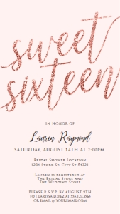 BlushPinkGlitterSweet16Cell: Editable Blush Pink Evite Sweet Sixteen Evite Text Invitation Electronic Invite Smartphone Invitation Corjl Template SMS invite