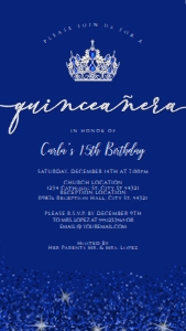 Editable Royal Blue  Princess Quinceañera Invitation Evite Text Invitation Electronic Invite Smartphone Invitation Corjl Template SMS invite design preview