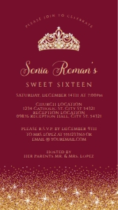 BurgandyGoldSweet16Cell: Editable Red and Gold Glitter Sweet Sixteen Evite Text Invitation Electronic Invite Smartphone Invitation Corjl Template SMS invite