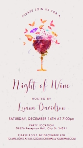 Digital Wine Tasting Party Invitation | Watercolor Wine Glass | Rainbow Butterflies | Corjl Editable | Wine Evite SMS text message invite design preview