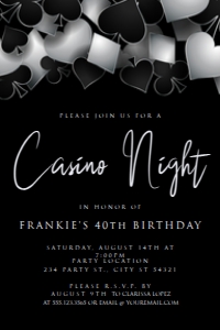 CasinoSilverInvite4x6: Casino Night Invitation Las Vegas Party Invitations Printable Casino Invitations Silver and Black  Corjl Template, Instant Download