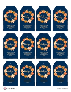 Editable Bridal Shower Thank You Tags, Navy Blue Orange Flowers, Gold Typography, Corjl Template, gift tags, Favor Tags, Corjl Template design preview