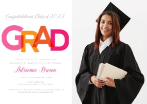 PinkBrightGradPhotoInvite: Editable Bright Pink and Orange Graduation Invitations, Graduation Party Invitations, College Graduate, High School Graduate, Announcements