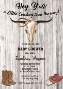 Skull hey y'all western invitation: Cow Skull Western Baby Shower Invite