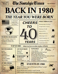 Newspaper Poster 11x14 - 40th Birthday: Back in 1980 | Birthday Newspaper Poster