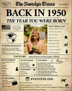 Newspaper Poster 11x14 - 70th Birthday: Back in 1950 | Birthday Newspaper Poster