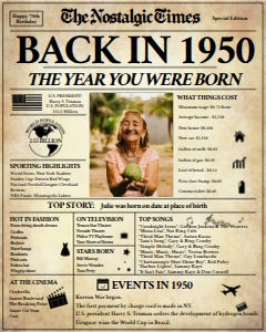 Newspaper Poster 8x10 - 70th Birthday: Back in 1950 | Birthday Newspaper Poster