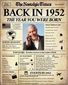 Newspaper Poster 8x10 - Back in 1952 - The Nostalgic Times: Back in 1952 |  Birthday Newspaper Poster