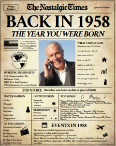 Newspaper Poster 8x10 - Back in 1958 - The Nostalgic Times: Back in 1958 | Birthday Newspaper Poster