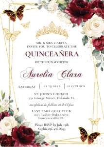 Burgundy Ivory White Floral Butterflies Gold Quinceanera Birthday Invitation 5"x7" design preview