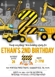 KID34 - Construction 2nd Birthday: KID34 - Construction Invitation