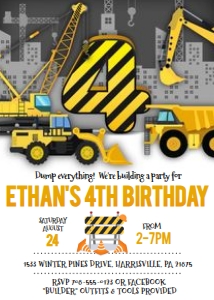 KID34 - Construction 4th Birthday: KID34 - Construction Invitation