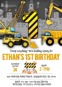 KID34 - Construction 1st Birthday: KID34 - Construction Invitation