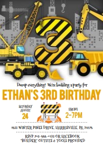 KID34 - Construction 3rd Birthday: KID34 - Construction Invitation
