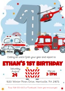 KiD45 - Rescue Vehicles Birthday Invitation design preview
