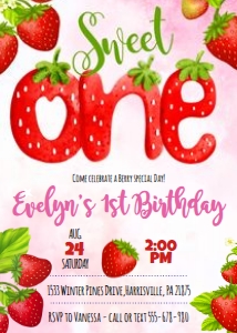 KID57 - Strawberry Birthday Invitation - 1st: KID57 - Strawberry Birthday Invitation - 1st