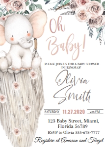 07.l. baby shower elephant, boho, rose design preview