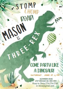 DINO T REX 27 invitation5 x 7 in design preview