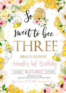 BEE THREE 2 pink Birthday invitation design preview