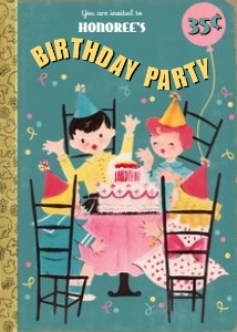 KB and Friends Retro Birthday Party Invitation: Storybook Retro Birthday Invitation / add your own text with Web-based template / personalize then print it & have it printed / boy or girl