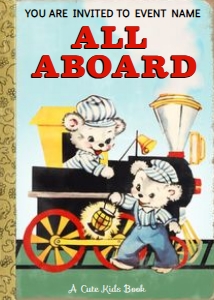 KB and Friends All Aboard Train Invitation: Digital Baby Shower or BirthdayInvitation for book themed party / two train engineers / locomotive / customize it yourself then print it