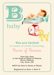 KB and Friends Baby Being Weighed Invitation: Printable Vintage Baby Shower Invitation in Alphabet Flashcard Style / personalize the text yourself with web-based template / boy or girl