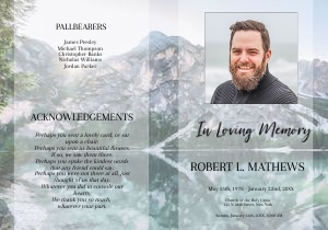 8 Page Mountain Lake Funeral Program 10 x 7: 8 Page Mountain Lake Funeral Program
