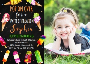 Ice cream Birthday Invitation with Photo Chalkboard: Ice cream Birthday Invitation with Photo Chalkboard