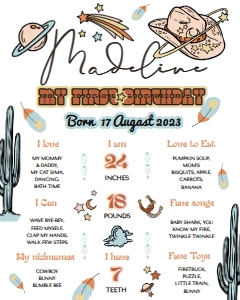 Cowboy First Birthday Milestones Sign(16x20) design preview