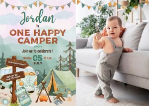 One Happy Camper Birthday Invitation with photo design preview