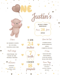 Teddy Bear First Birthday Milestones Sign 16x20: Teddy Bear First Birthday Milestones Sign 18x24