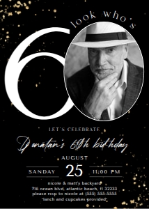 Black Gold 60th Birthday Invitation with Photo: Black Gold 60th Birthday Invitation with Photo