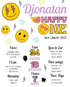 Smiley Face First Birthday Milestones Sign 16x20 design preview