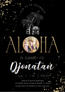 Tropical Aloha Birthday Invitation with Photo Black Gold: Tropical Aloha Birthday Invitation with Photo Black Gold