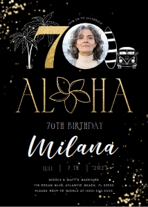 Tropical 70th Birthday Invitation with Photo Black Gold: Tropical 70th Birthday Invitation with Photo Black Gold